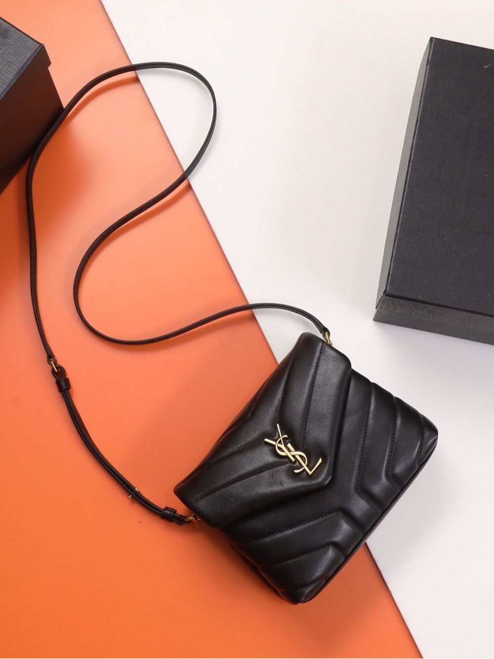 Saint Laurent Black Chevron Quilted Leather Crossbody with Gold YSL Hardware